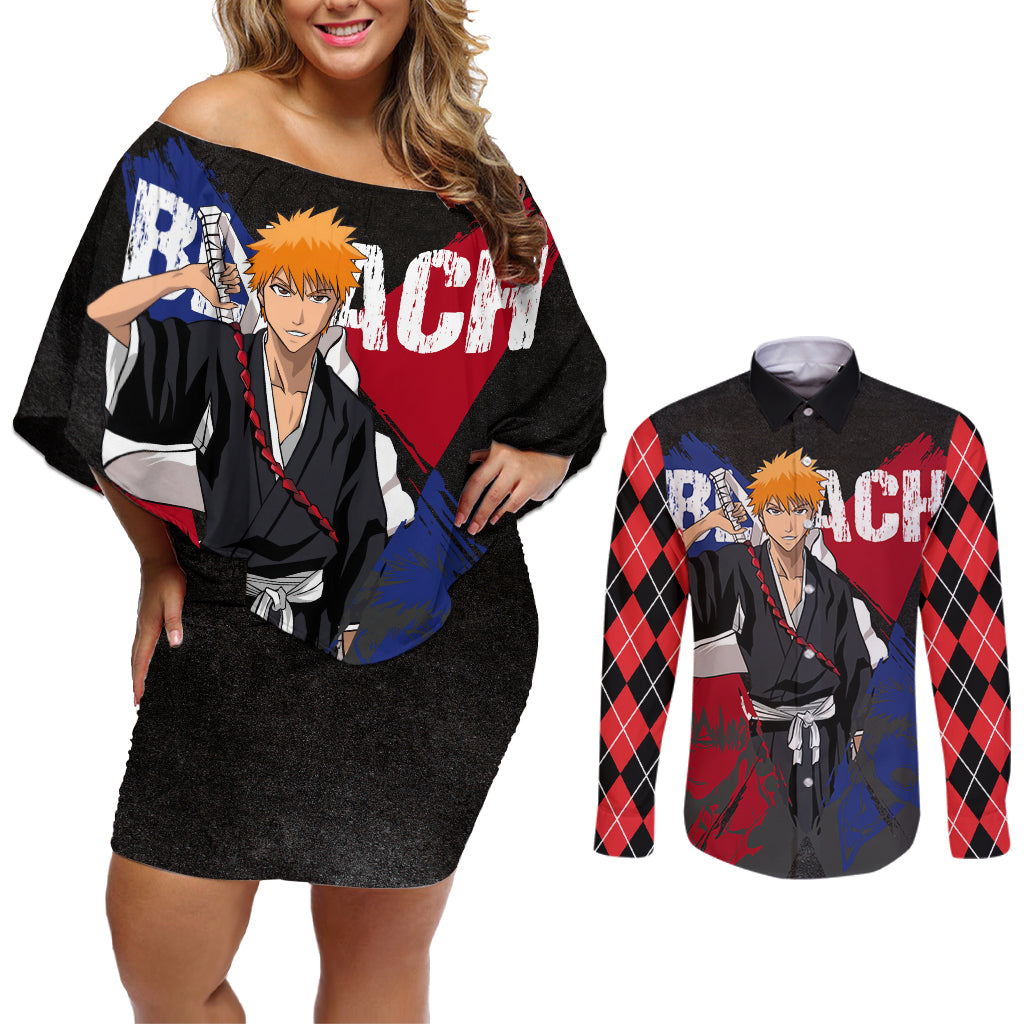Ichigo Kurosaki Couples Matching Off Shoulder Short Dress and Long Sleeve Button Shirt Anime Style