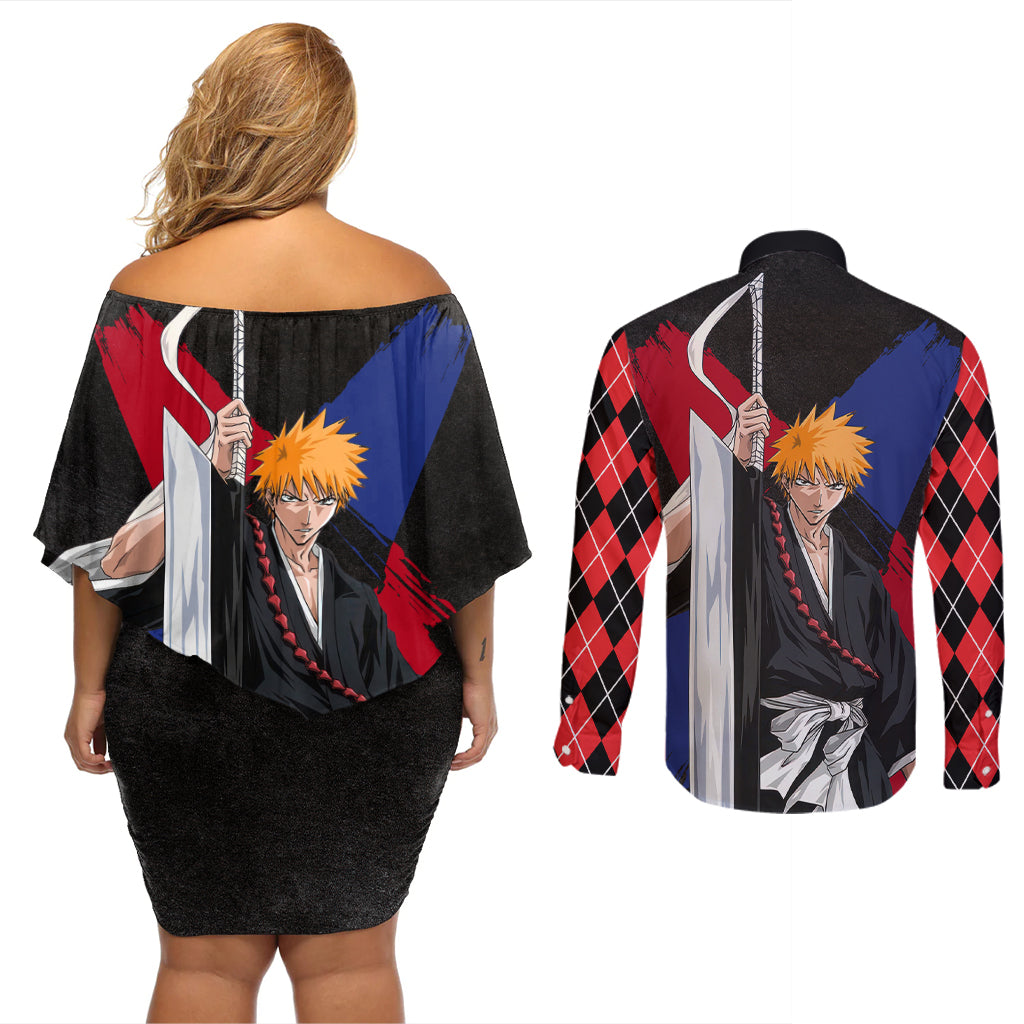 Ichigo Kurosaki Couples Matching Off Shoulder Short Dress and Long Sleeve Button Shirt Anime Style