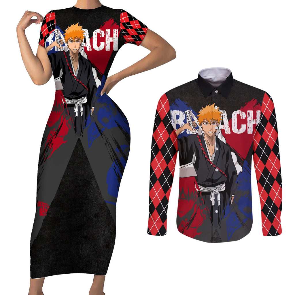 Ichigo Kurosaki Couples Matching Short Sleeve Bodycon Dress and Long Sleeve Button Shirt Anime Style