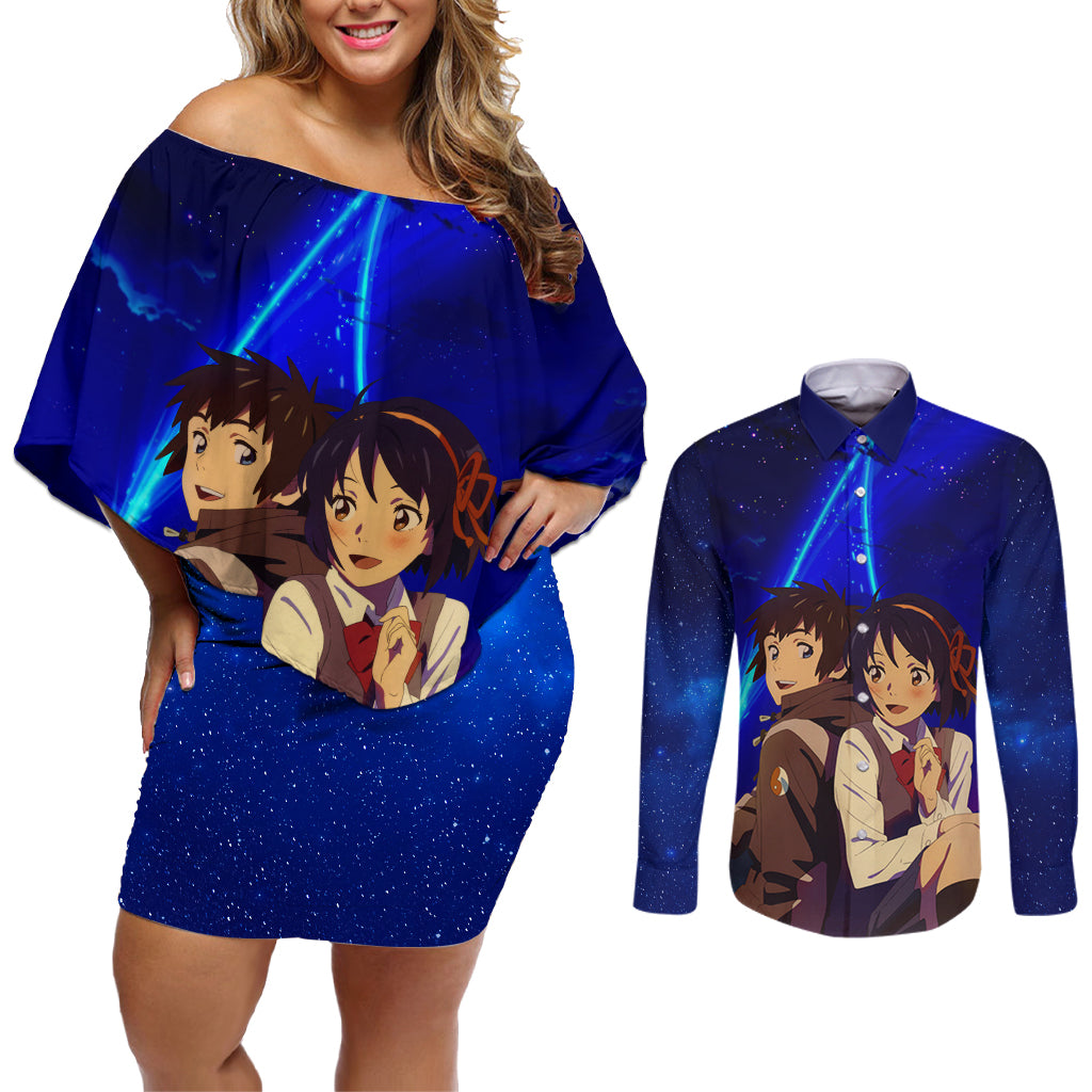 Your Name Movie Couples Matching Off Shoulder Short Dress and Long Sleeve Button Shirt Anime Mix Galaaxy Style