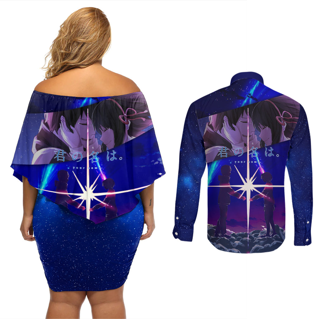 Your Name Movie Couples Matching Off Shoulder Short Dress and Long Sleeve Button Shirt Anime Mix Galaaxy Style