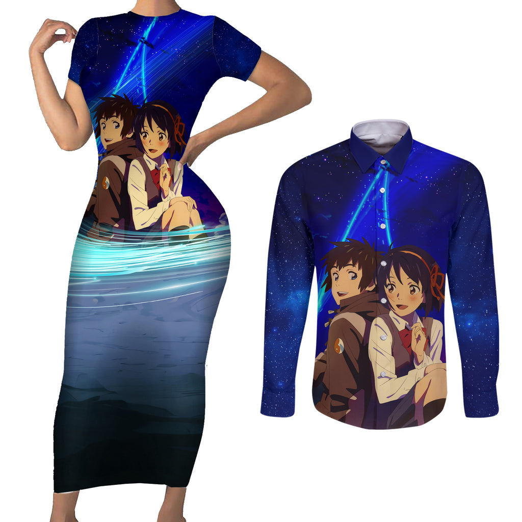 Your Name Movie Couples Matching Short Sleeve Bodycon Dress and Long Sleeve Button Shirt Anime Mix Galaaxy Style