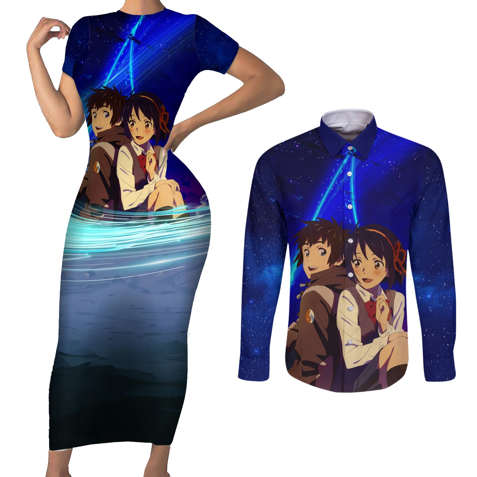Your Name Movie Couples Matching Short Sleeve Bodycon Dress and Long Sleeve Button Shirt Anime Mix Galaaxy Style