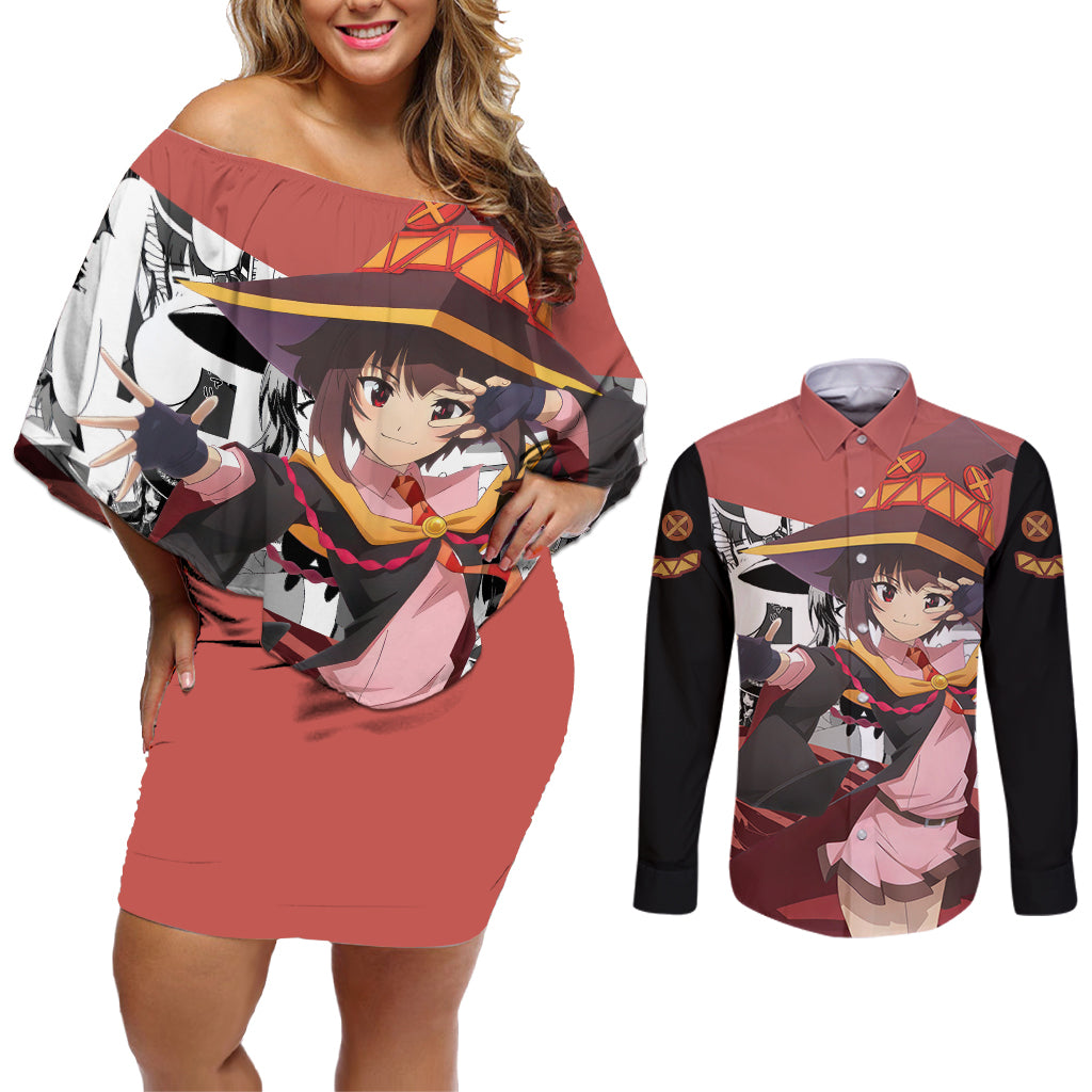 Megumin - KonoSuba Couples Matching Off Shoulder Short Dress and Long Sleeve Button Shirt Anime Style