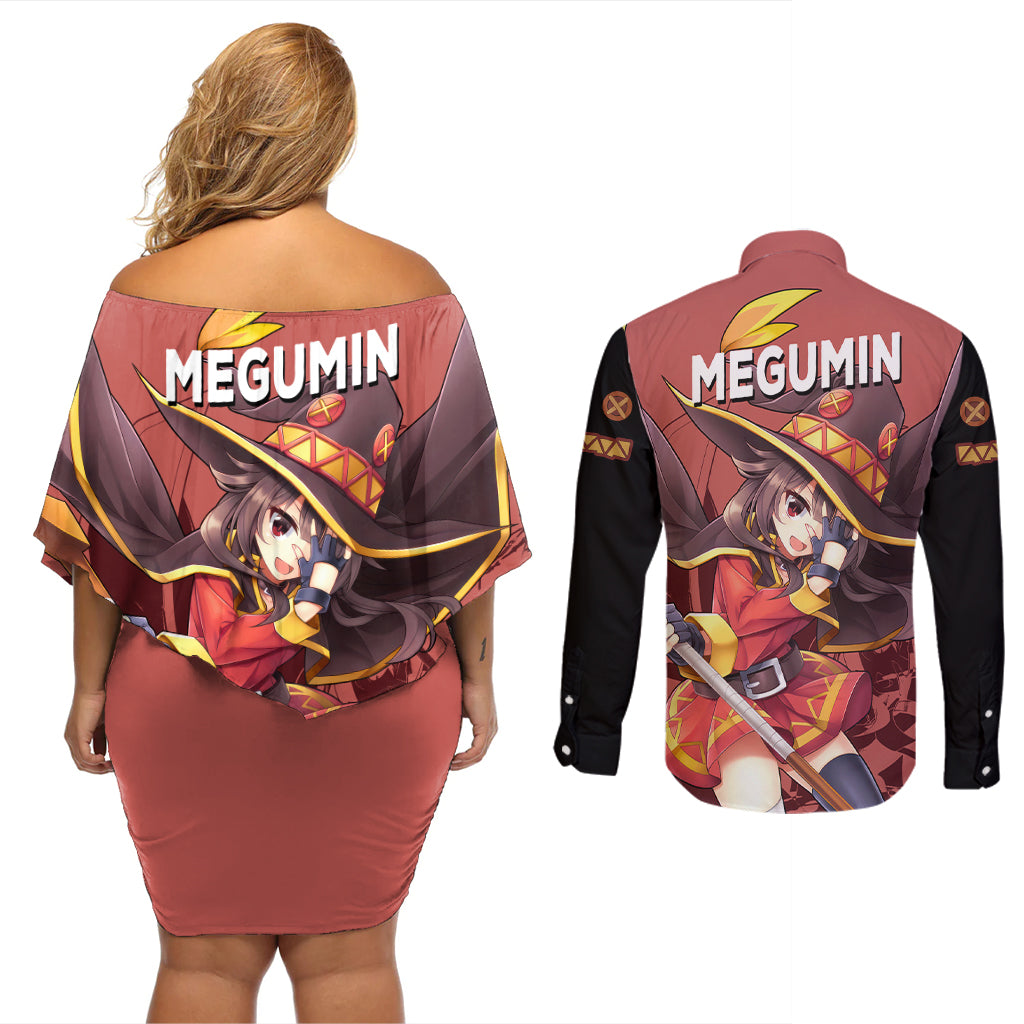 Megumin - KonoSuba Couples Matching Off Shoulder Short Dress and Long Sleeve Button Shirt Anime Style