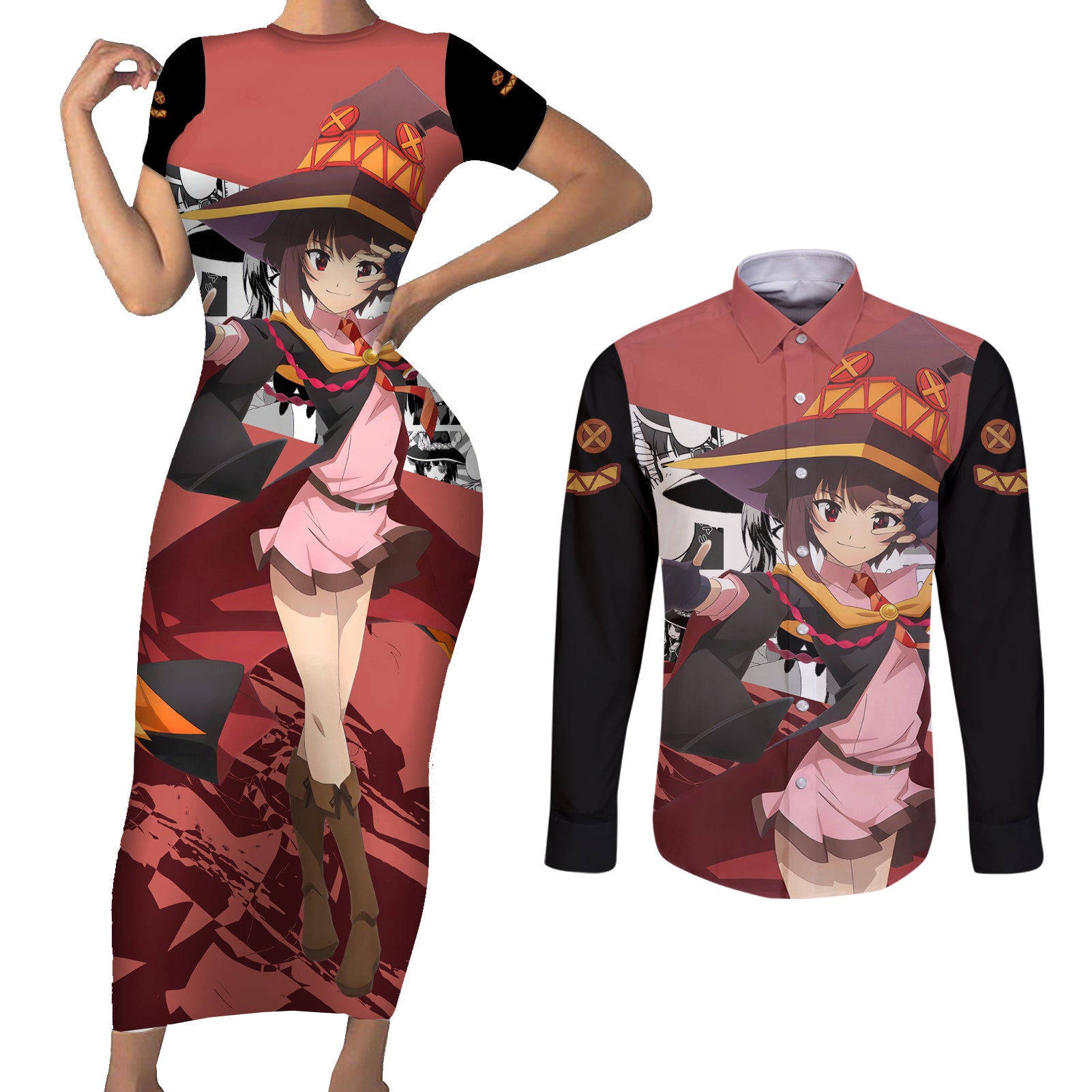 Megumin - KonoSuba Couples Matching Short Sleeve Bodycon Dress and Long Sleeve Button Shirt Anime Style
