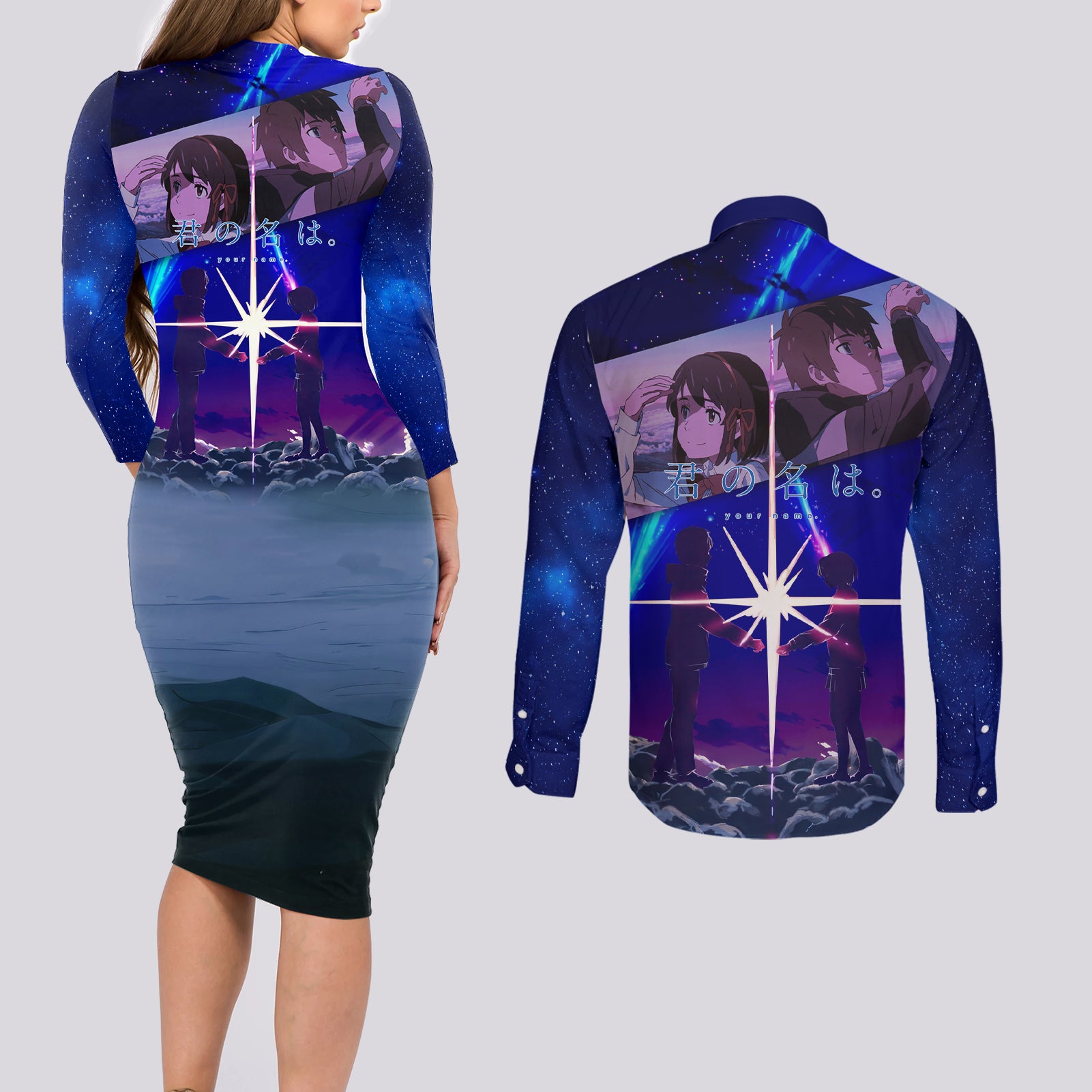 Your Name Hoodie Kimi no Na wa Couples Matching Long Sleeve Bodycon Dress and Long Sleeve Button Shirt Anime Style