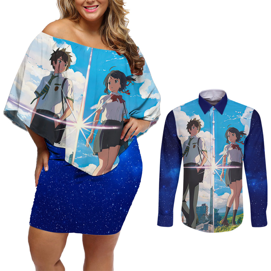 Your Name Hoodie Kimi no Na wa Couples Matching Off Shoulder Short Dress and Long Sleeve Button Shirt Anime Style