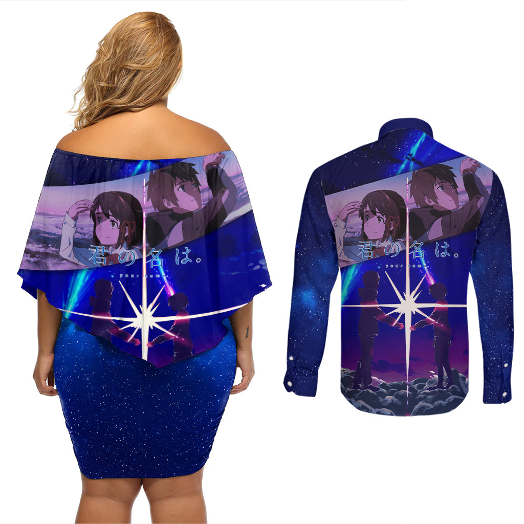 Your Name Hoodie Kimi no Na wa Couples Matching Off Shoulder Short Dress and Long Sleeve Button Shirt Anime Style