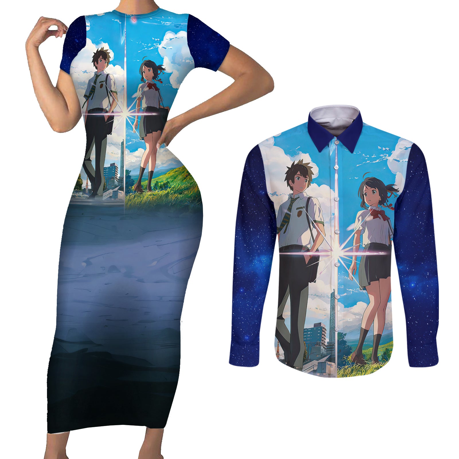 Your Name Hoodie Kimi no Na wa Couples Matching Short Sleeve Bodycon Dress and Long Sleeve Button Shirt Anime Style