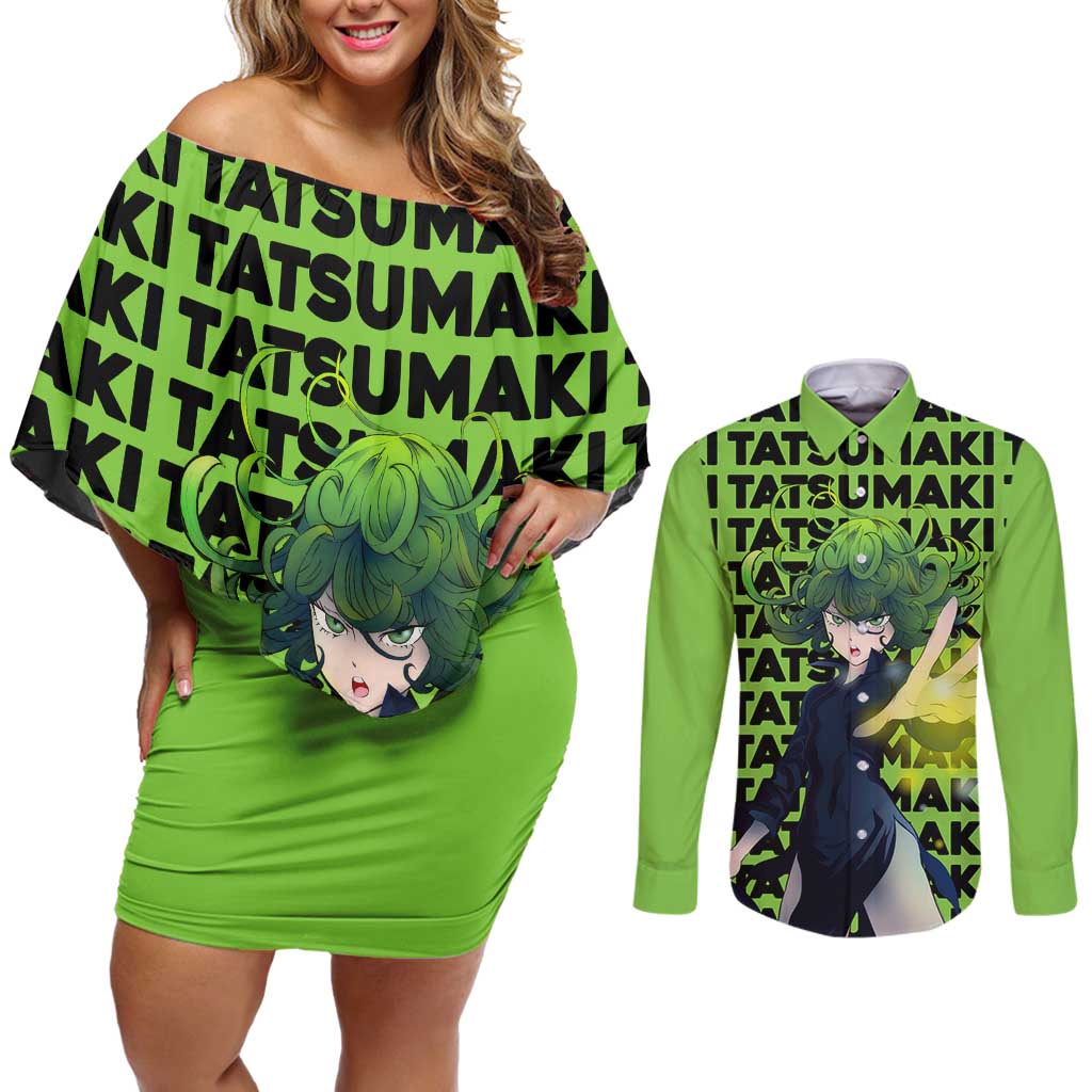 Tatsumaki - One Punch Man Couples Matching Off Shoulder Short Dress and Long Sleeve Button Shirt Anime Text Pattern Style