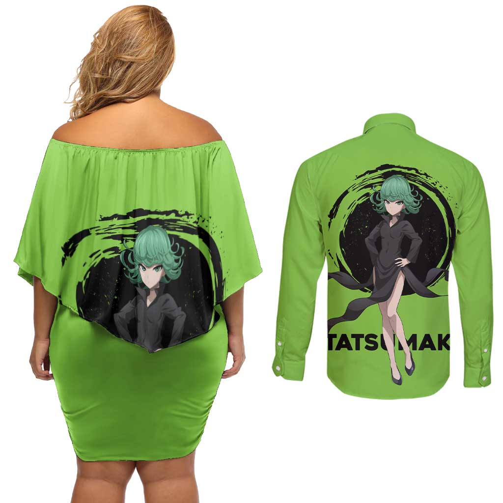 Tatsumaki - One Punch Man Couples Matching Off Shoulder Short Dress and Long Sleeve Button Shirt Anime Text Pattern Style