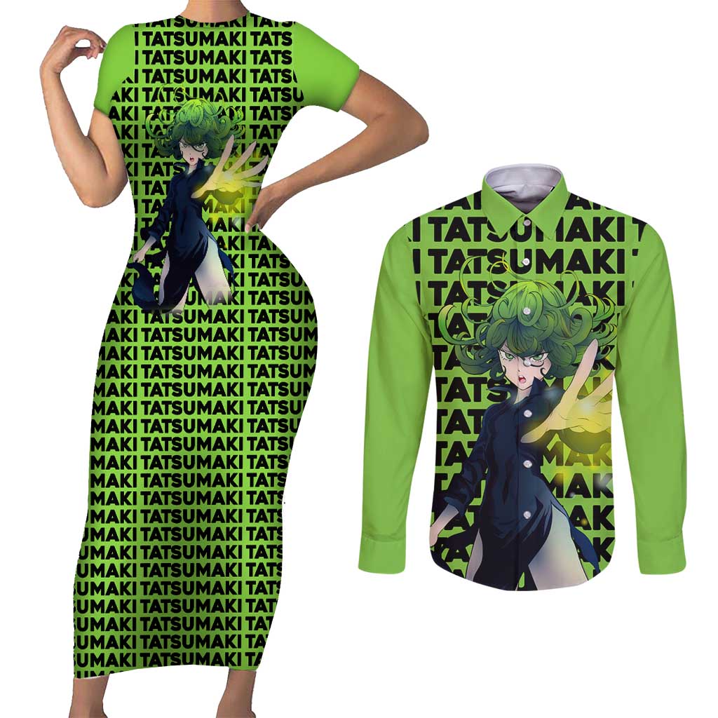 Tatsumaki - One Punch Man Couples Matching Short Sleeve Bodycon Dress and Long Sleeve Button Shirt Anime Text Pattern Style