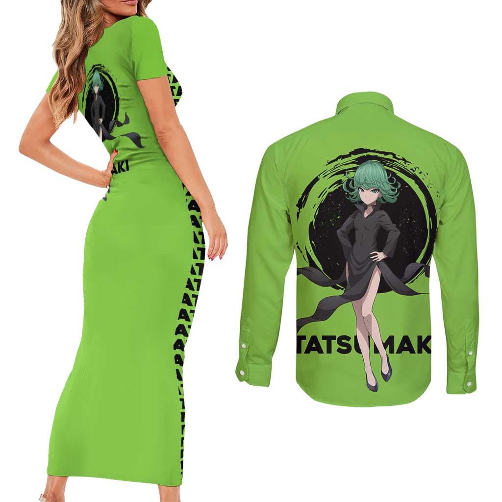 Tatsumaki - One Punch Man Couples Matching Short Sleeve Bodycon Dress and Long Sleeve Button Shirt Anime Text Pattern Style