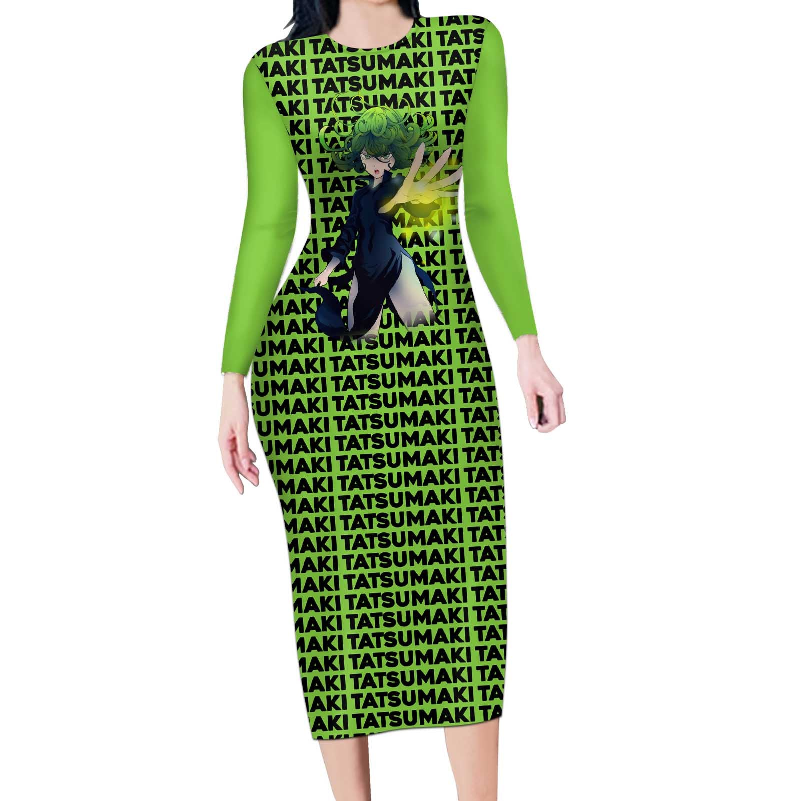Tatsumaki - One Punch Man Long Sleeve Bodycon Dress Anime Text Pattern Style