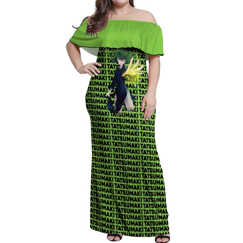 Tatsumaki - One Punch Man Off Shoulder Maxi Dress Anime Text Pattern Style