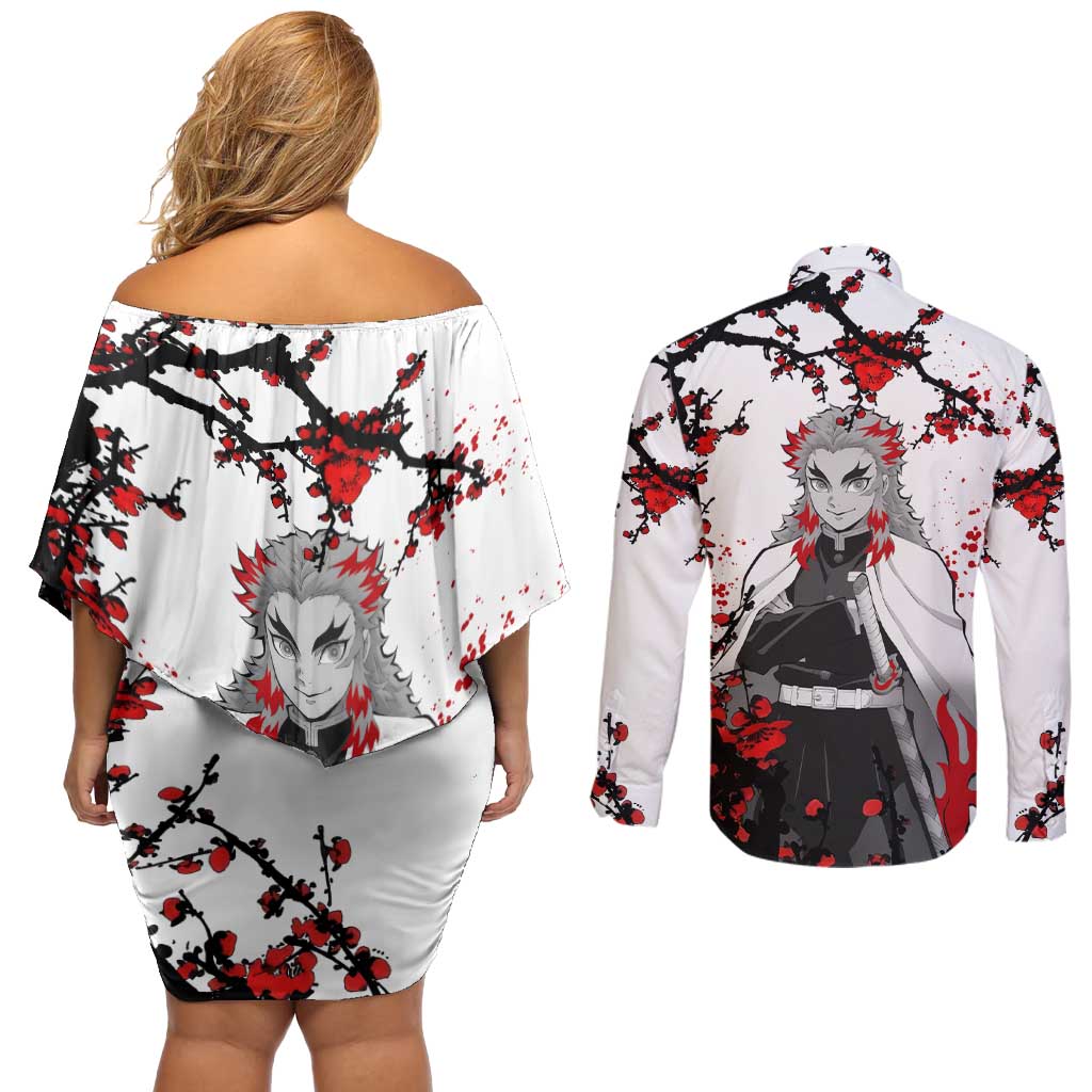 Kyojuro Rengoku - Demon Slayer Couples Matching Off Shoulder Short Dress and Long Sleeve Button Shirt Anime Japan Style