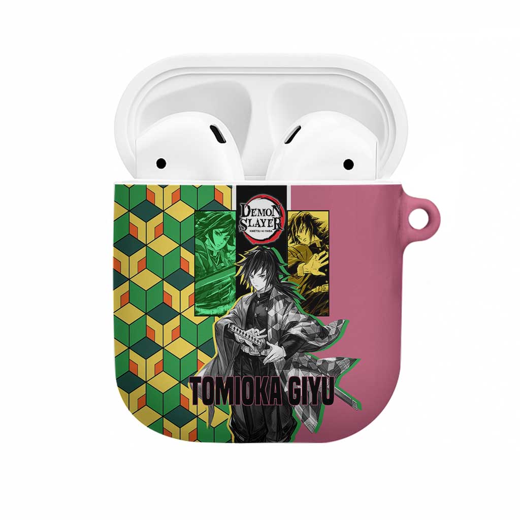 Giyu Tomioka from Demon Slayer AirPods Case with Geometric Pattern Sleeve and Pink and Black Manga Panel Design - The Mazicc