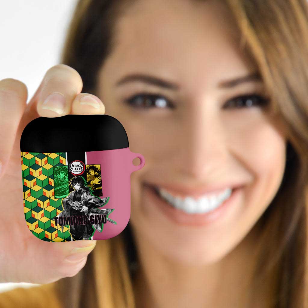 Giyu Tomioka from Demon Slayer AirPods Case with Geometric Pattern Sleeve and Pink and Black Manga Panel Design - The Mazicc