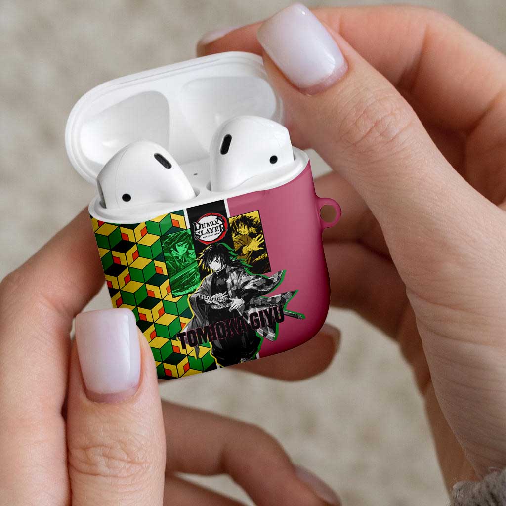 Giyu Tomioka from Demon Slayer AirPods Case with Geometric Pattern Sleeve and Pink and Black Manga Panel Design - The Mazicc