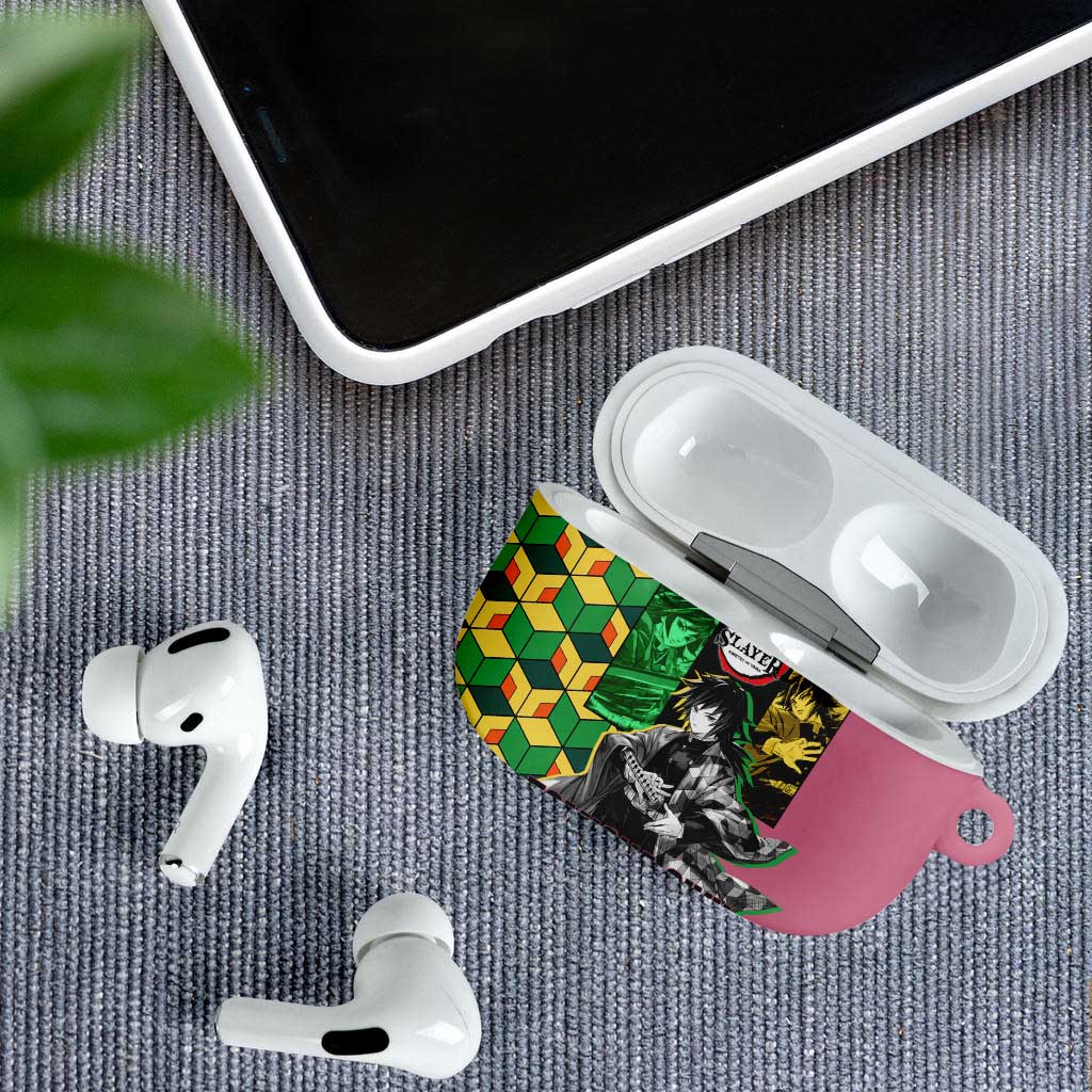 Giyu Tomioka from Demon Slayer AirPods Case with Geometric Pattern Sleeve and Pink and Black Manga Panel Design - The Mazicc