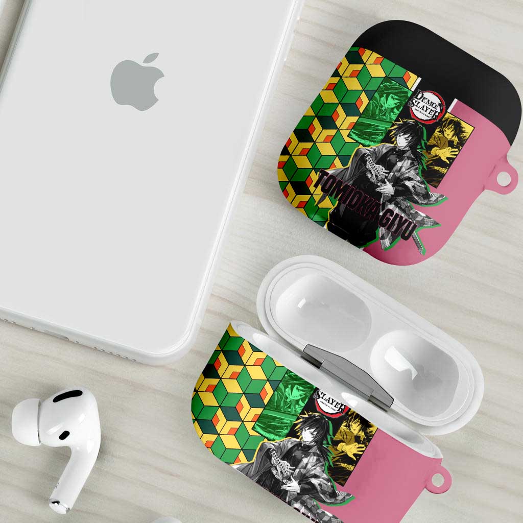 Giyu Tomioka from Demon Slayer AirPods Case with Geometric Pattern Sleeve and Pink and Black Manga Panel Design - The Mazicc