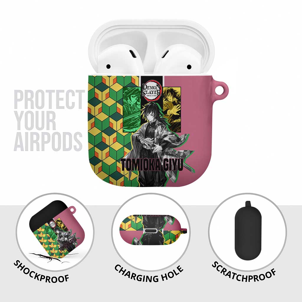 Giyu Tomioka from Demon Slayer AirPods Case with Geometric Pattern Sleeve and Pink and Black Manga Panel Design - The Mazicc
