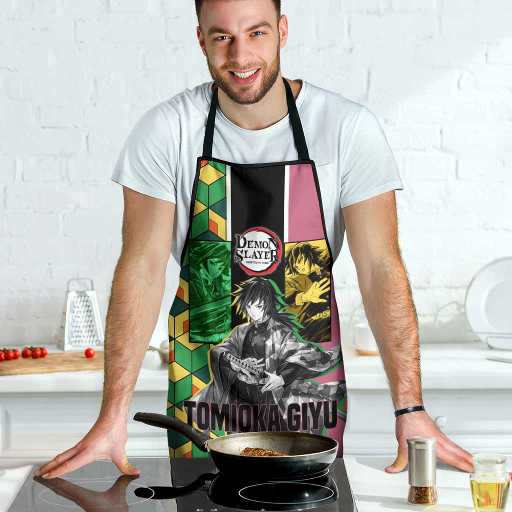 Giyu Tomioka from Demon Slayer Apron with Geometric Pattern Sleeve and Pink and Black Manga Panel Design - The Mazicc