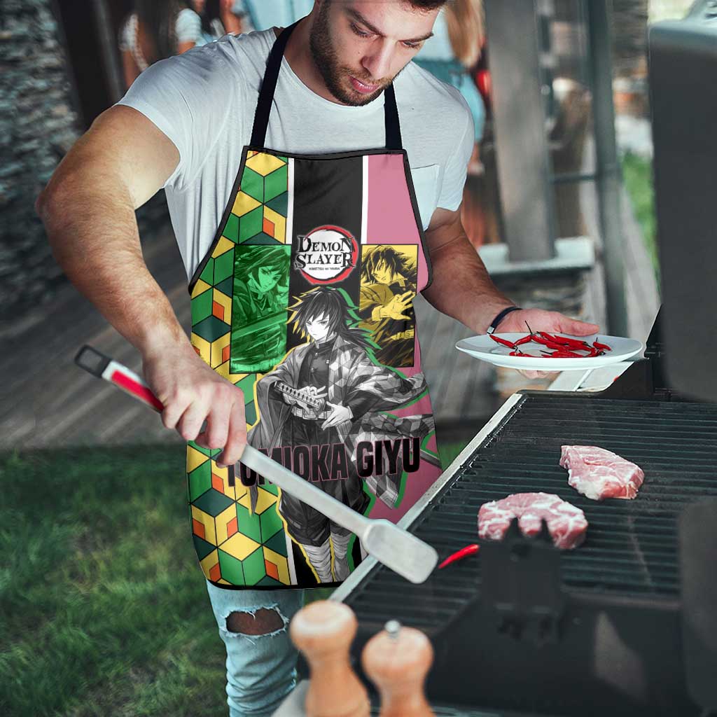 Giyu Tomioka from Demon Slayer Apron with Geometric Pattern Sleeve and Pink and Black Manga Panel Design - The Mazicc