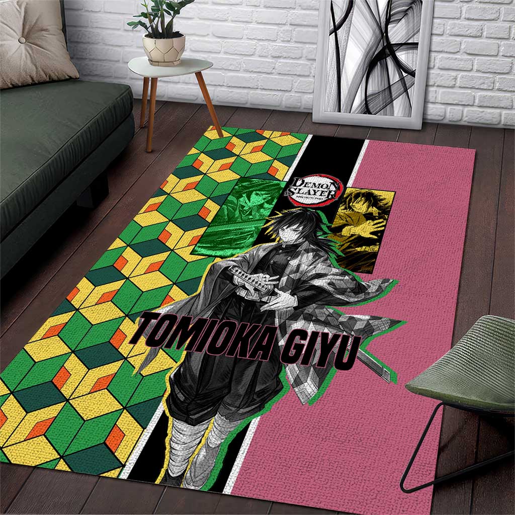 Giyu Tomioka from Demon Slayer Area Rug with Geometric Pattern Sleeve and Pink and Black Manga Panel Design - The Mazicc