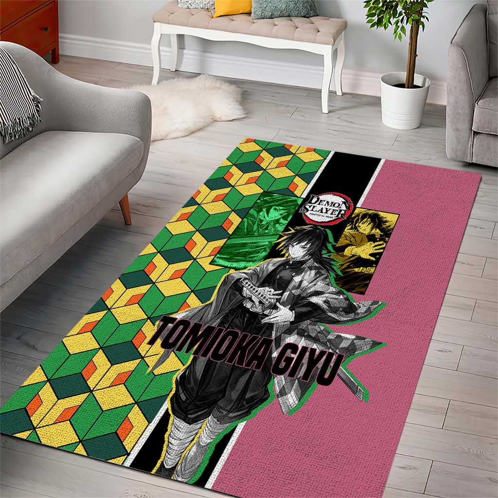 Giyu Tomioka from Demon Slayer Area Rug with Geometric Pattern Sleeve and Pink and Black Manga Panel Design - The Mazicc