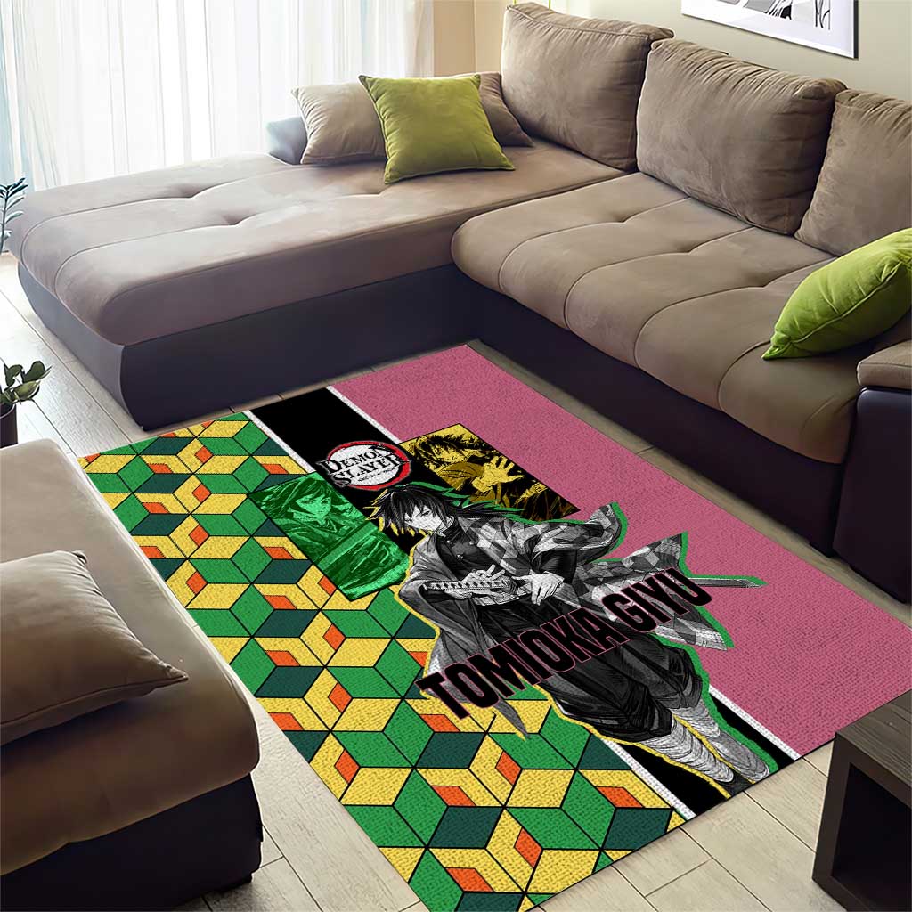 Giyu Tomioka from Demon Slayer Area Rug with Geometric Pattern Sleeve and Pink and Black Manga Panel Design - The Mazicc