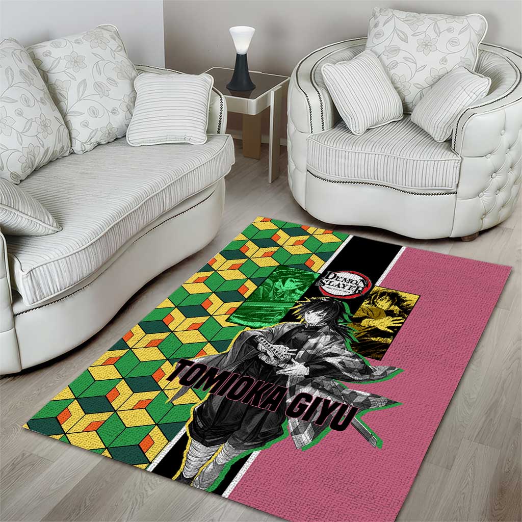 Giyu Tomioka from Demon Slayer Area Rug with Geometric Pattern Sleeve and Pink and Black Manga Panel Design - The Mazicc