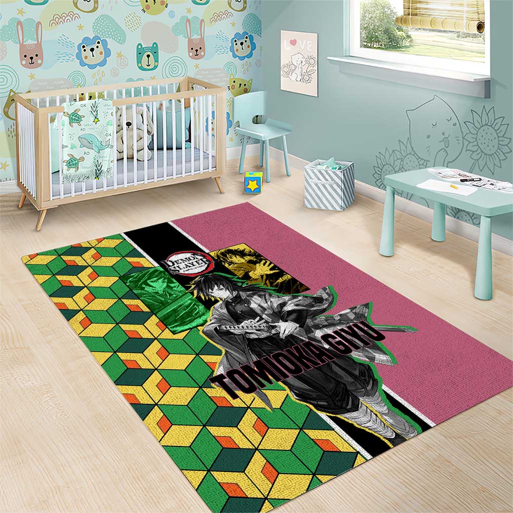 Giyu Tomioka from Demon Slayer Area Rug with Geometric Pattern Sleeve and Pink and Black Manga Panel Design - The Mazicc