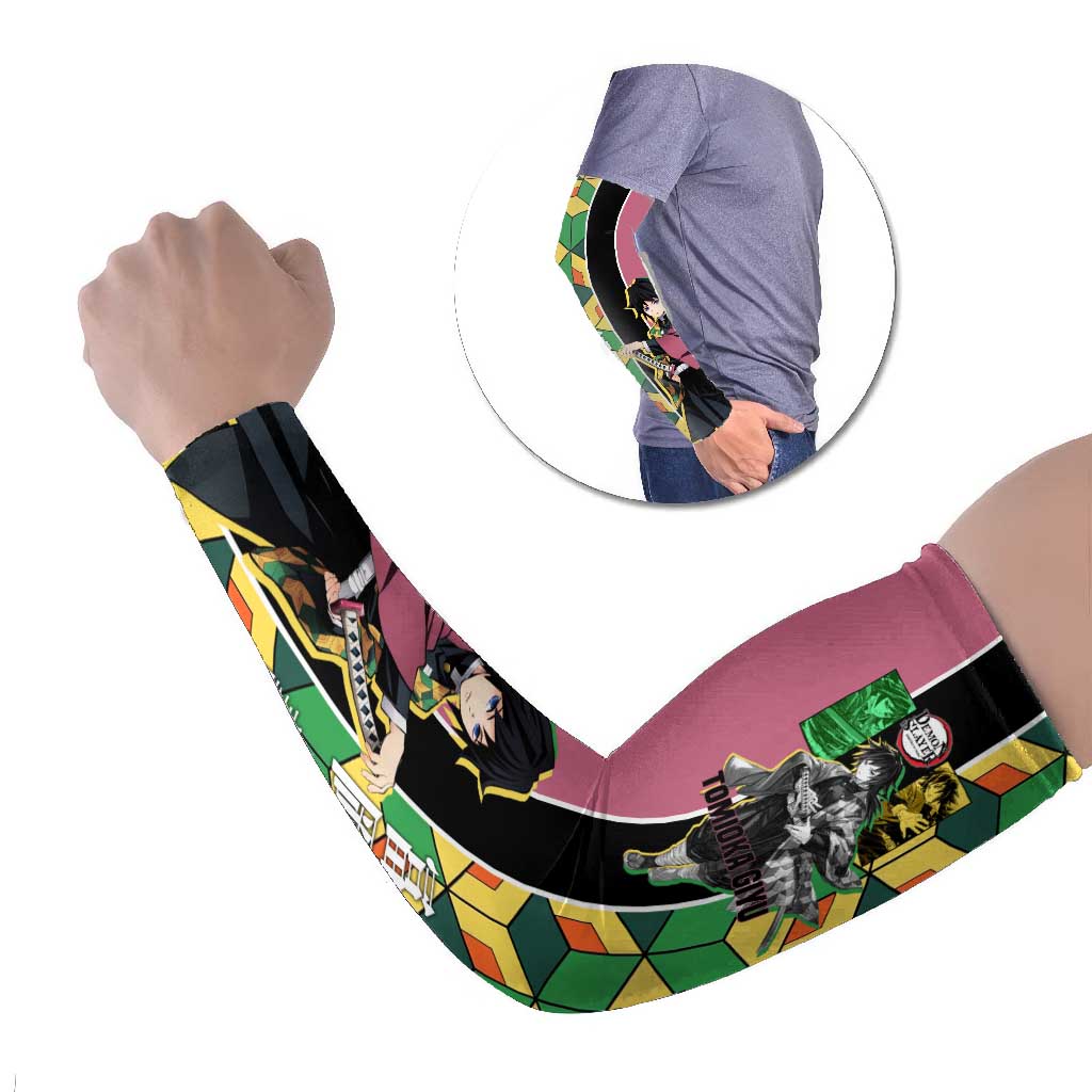 Giyu Tomioka from Demon Slayer Arm Sleeves with Geometric Pattern Sleeve and Pink and Black Manga Panel Design - The Mazicc