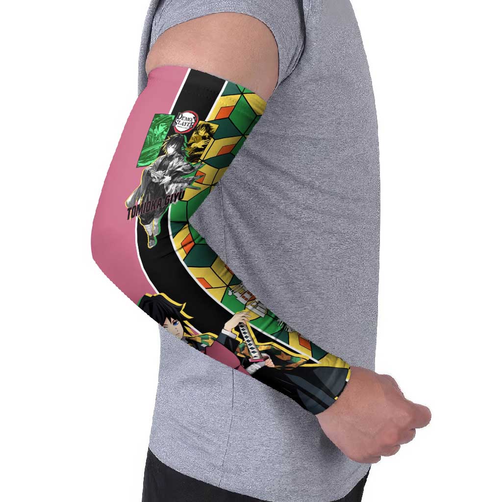 Giyu Tomioka from Demon Slayer Arm Sleeves with Geometric Pattern Sleeve and Pink and Black Manga Panel Design - The Mazicc