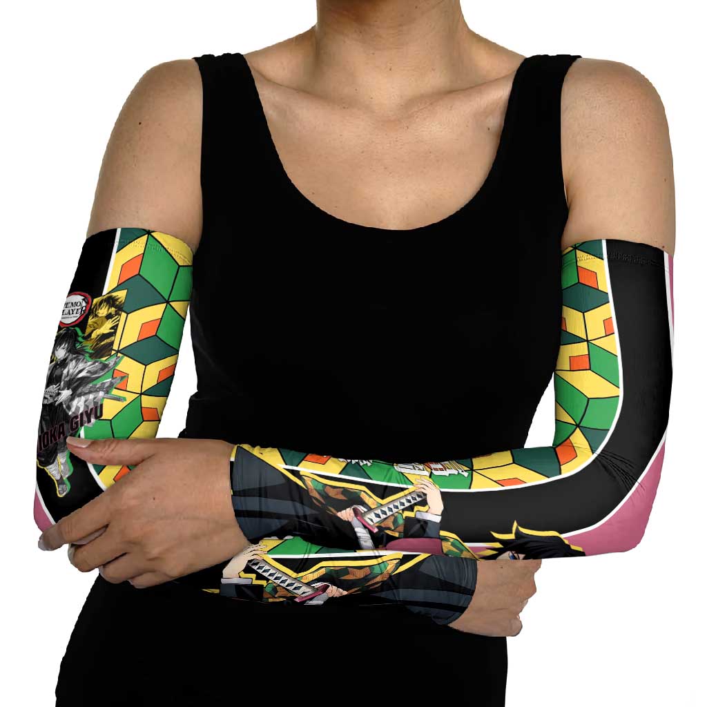 Giyu Tomioka from Demon Slayer Arm Sleeves with Geometric Pattern Sleeve and Pink and Black Manga Panel Design - The Mazicc