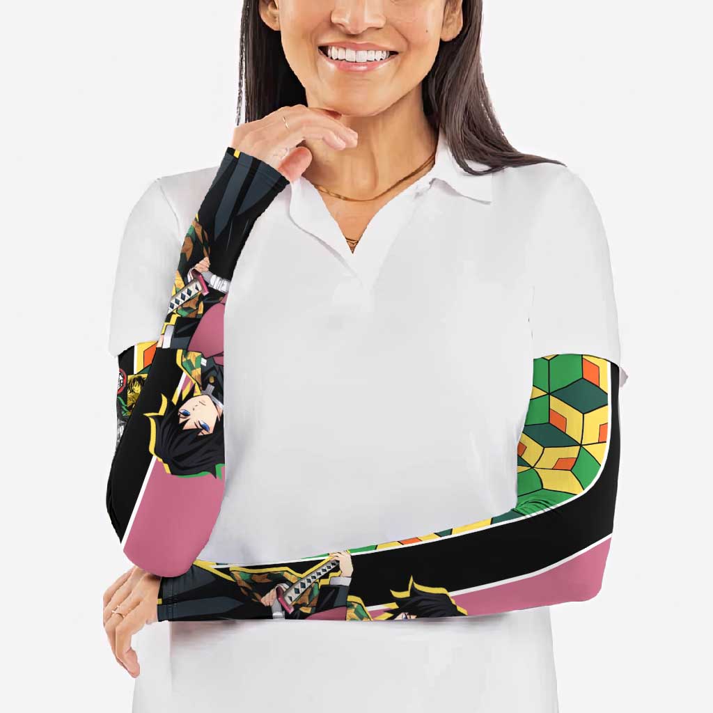Giyu Tomioka from Demon Slayer Arm Sleeves with Geometric Pattern Sleeve and Pink and Black Manga Panel Design - The Mazicc