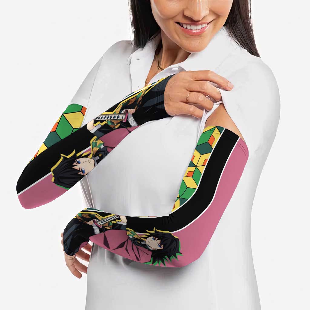 Giyu Tomioka from Demon Slayer Arm Sleeves with Geometric Pattern Sleeve and Pink and Black Manga Panel Design - The Mazicc