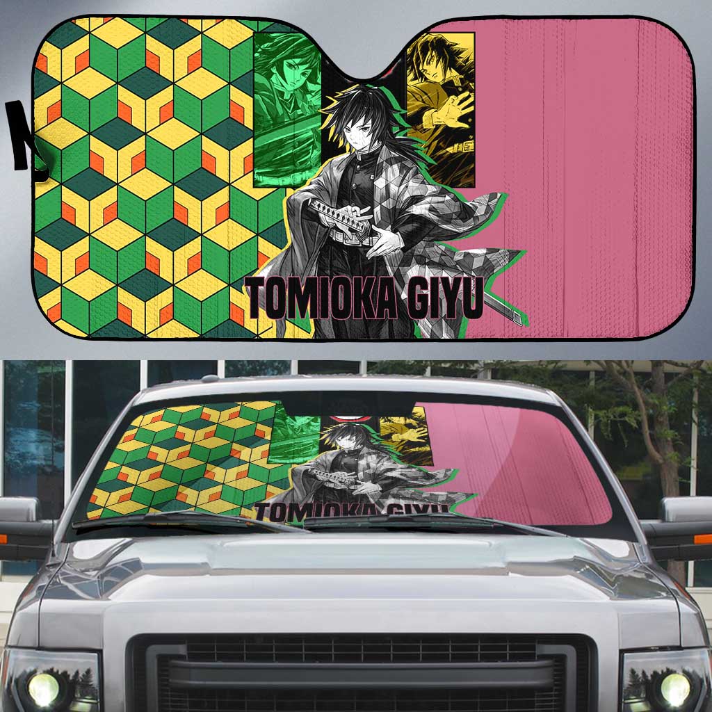 Giyu Tomioka from Demon Slayer Auto Sun Shade with Geometric Pattern Sleeve and Pink and Black Manga Panel Design - The Mazicc