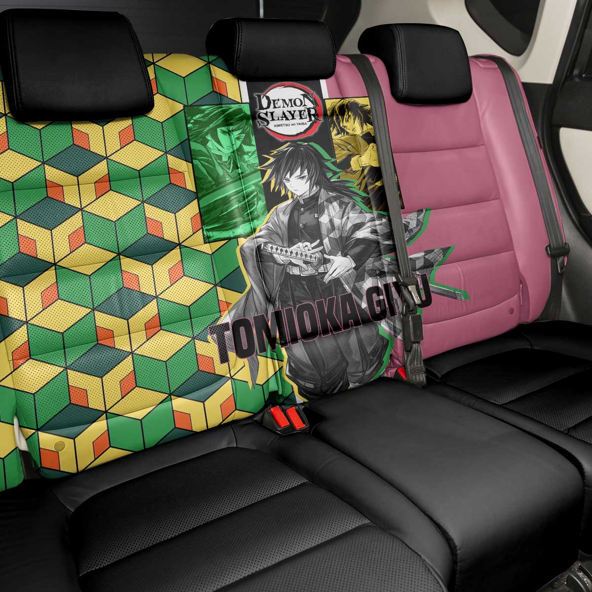 Giyu Tomioka from Demon Slayer Back Car Seat Cover with Geometric Pattern Sleeve and Pink and Black Manga Panel Design - The Mazicc