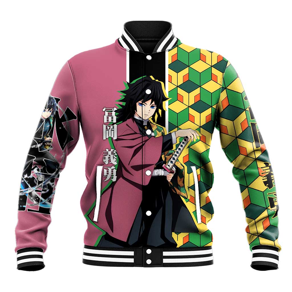 Giyu Tomioka from Demon Slayer Baseball Jacket with Geometric Pattern Sleeve and Pink and Black Manga Panel Design - The Mazicc