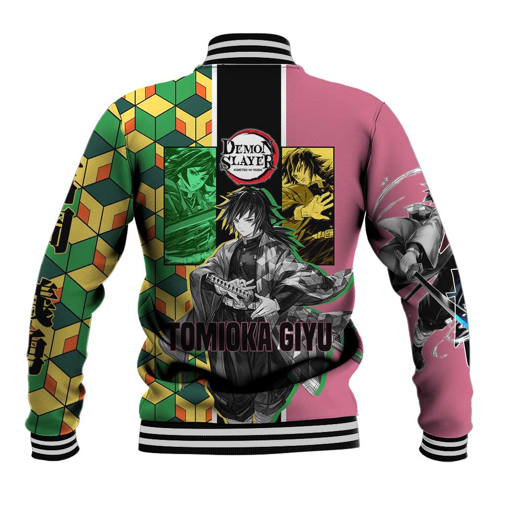 Giyu Tomioka from Demon Slayer Baseball Jacket with Geometric Pattern Sleeve and Pink and Black Manga Panel Design - The Mazicc
