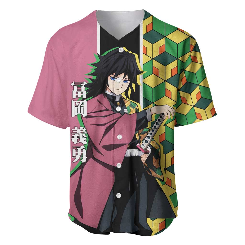 Giyu Tomioka from Demon Slayer Baseball Jersey with Geometric Pattern Sleeve and Pink and Black Manga Panel Design - The Mazicc