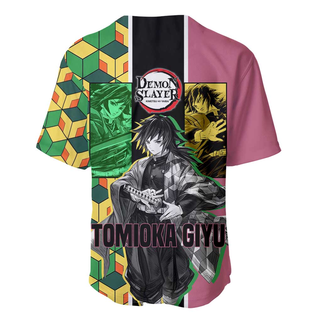 Giyu Tomioka from Demon Slayer Baseball Jersey with Geometric Pattern Sleeve and Pink and Black Manga Panel Design - The Mazicc
