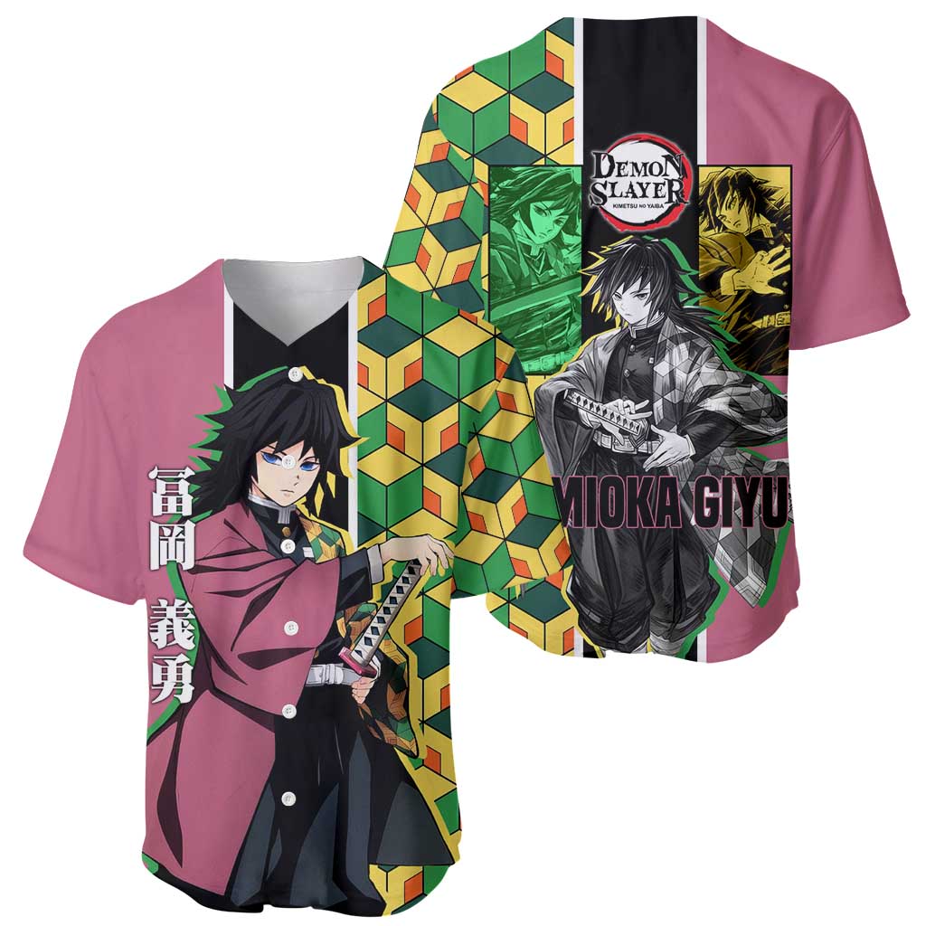 Giyu Tomioka from Demon Slayer Baseball Jersey with Geometric Pattern Sleeve and Pink and Black Manga Panel Design - The Mazicc