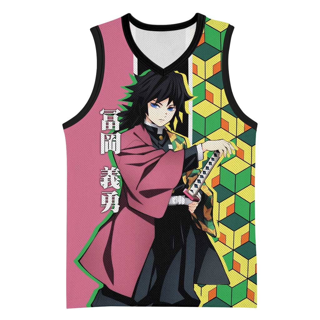 Giyu Tomioka from Demon Slayer Basketball Jersey with Geometric Pattern Sleeve and Pink and Black Manga Panel Design - The Mazicc