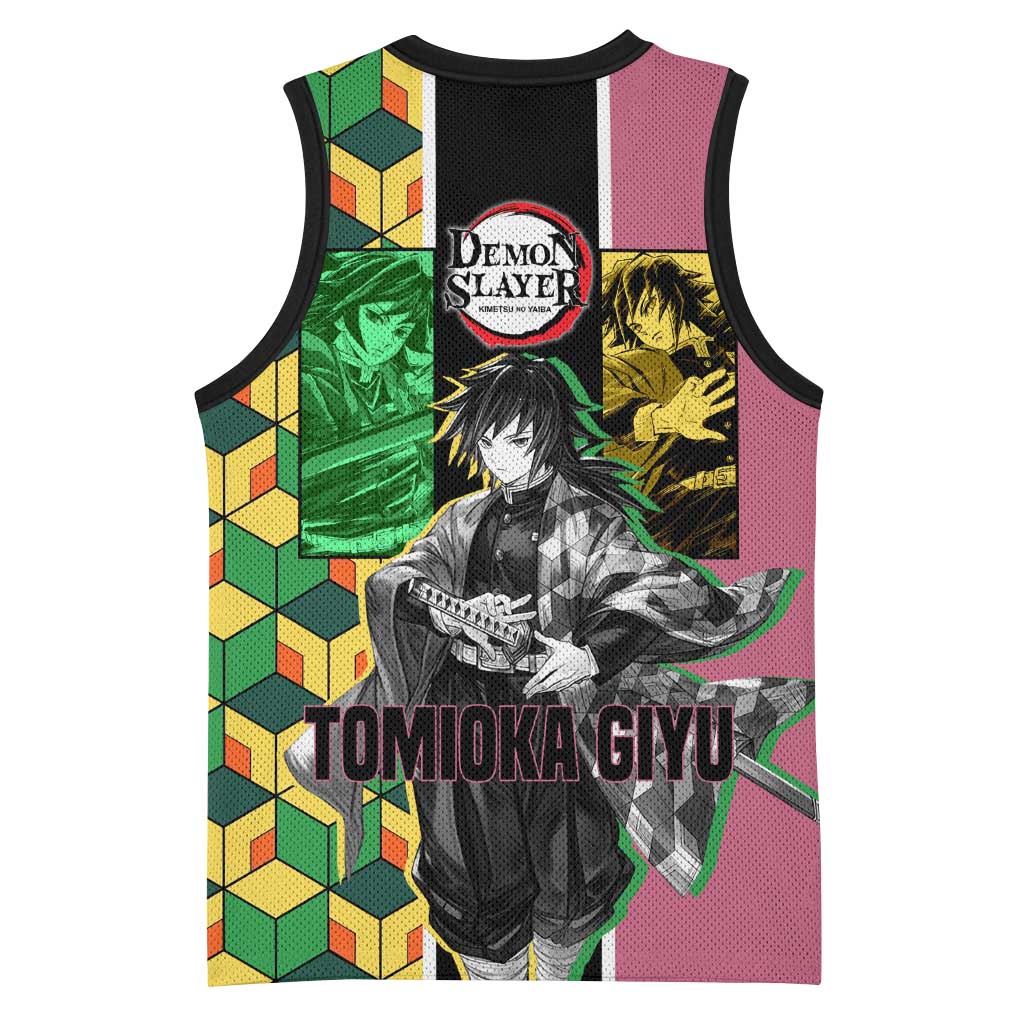 Giyu Tomioka from Demon Slayer Basketball Jersey with Geometric Pattern Sleeve and Pink and Black Manga Panel Design - The Mazicc
