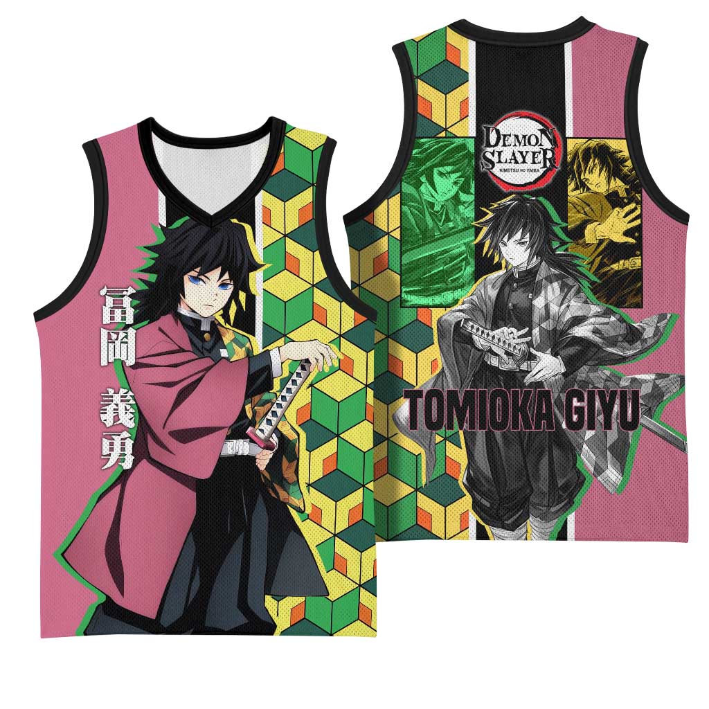 Giyu Tomioka from Demon Slayer Basketball Jersey with Geometric Pattern Sleeve and Pink and Black Manga Panel Design - The Mazicc
