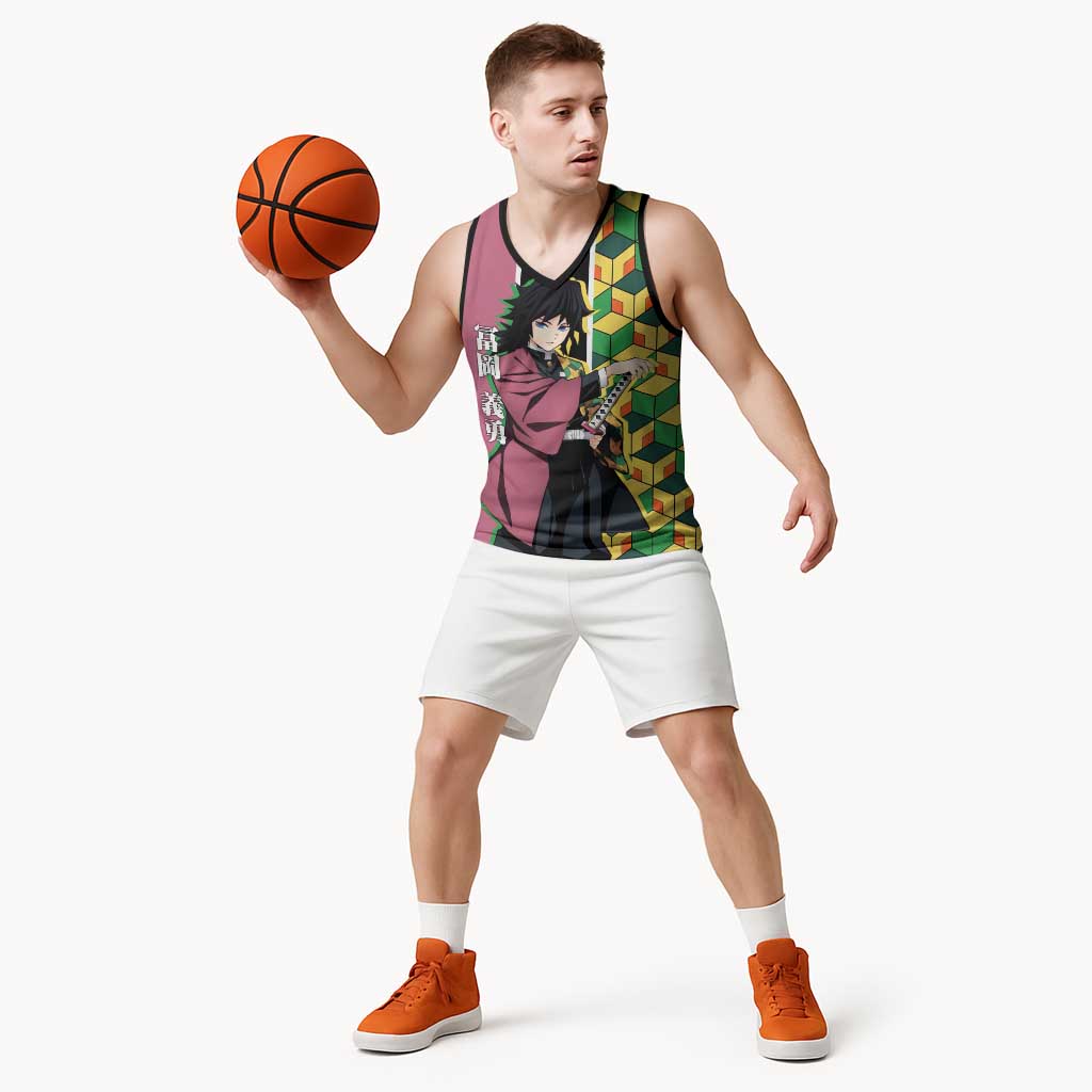 Giyu Tomioka from Demon Slayer Basketball Jersey with Geometric Pattern Sleeve and Pink and Black Manga Panel Design - The Mazicc